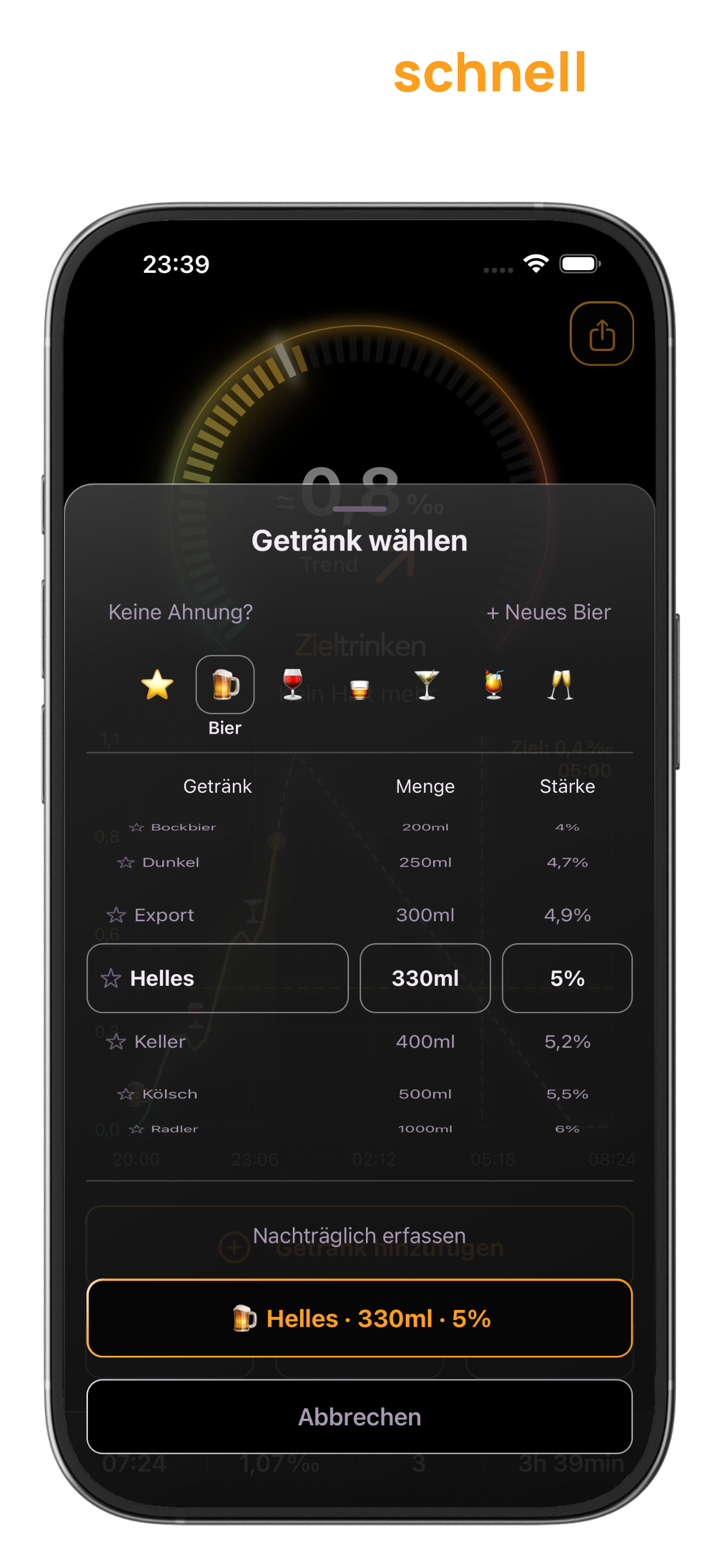 Getränkeauswahl mit Kategorien, Mengen und Alkoholstärken