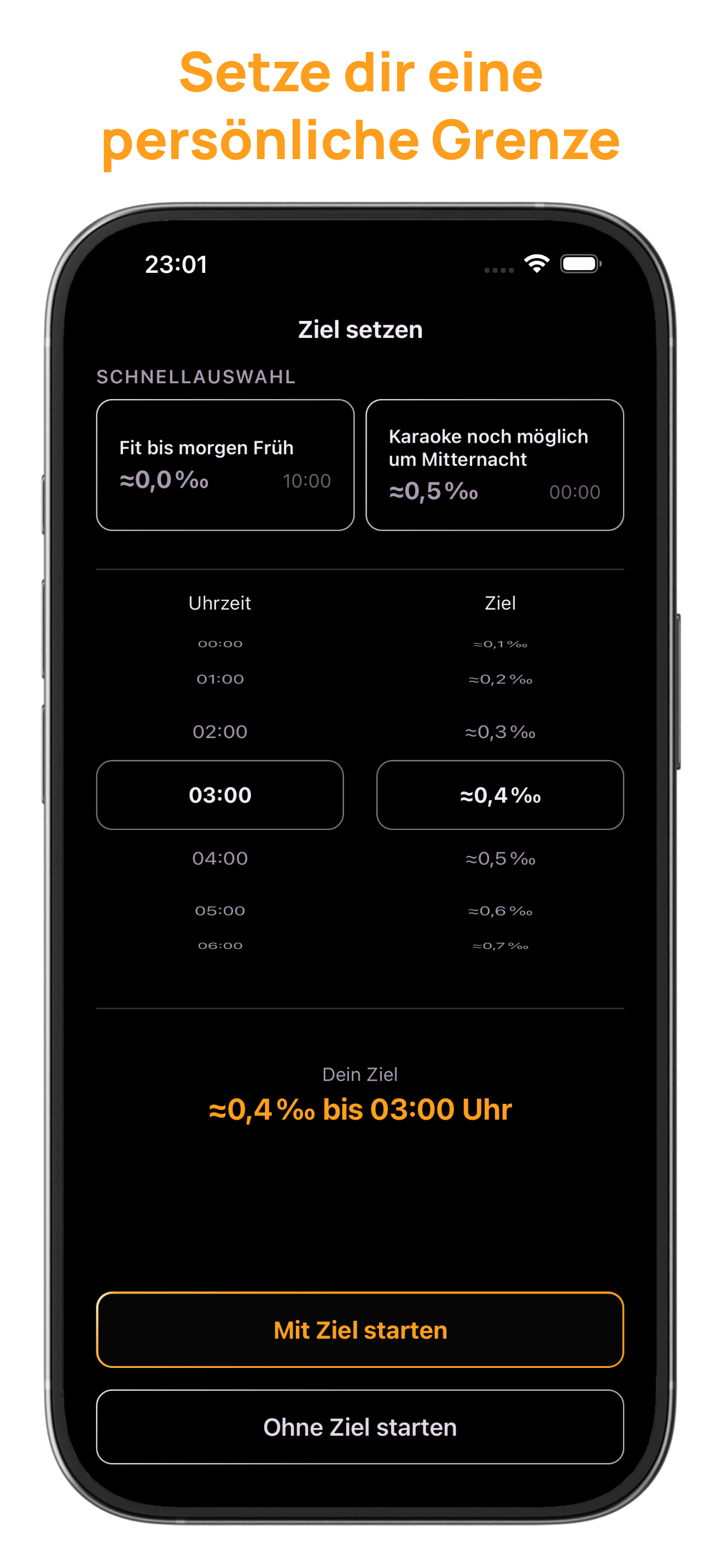 Zielauswahl in der Zieltrinken App